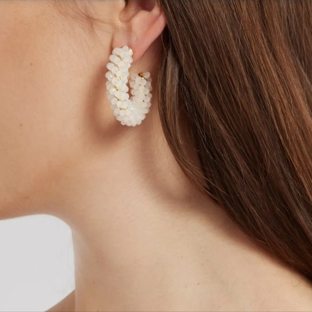 Nordstrom White And Gold Beaded Huggie‎ Hoop Earrings NEW